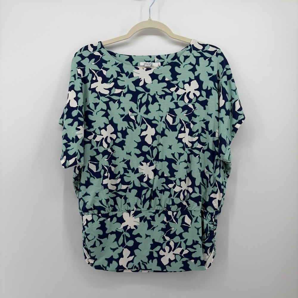 Chico's Womens Size 1 M Blue Floral Dolman Sleeve Blouson Boat Neck Knit Top